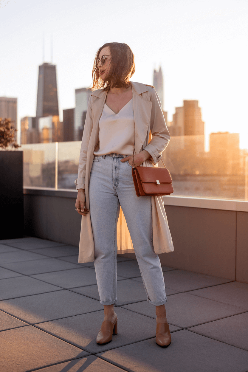 Fashion blogger on modern rooftop at sunset wearing beige trench coat, cream silk camisole, light wash mom jeans, nude mules, and cognac crossbody bag against city skyline backdrop.