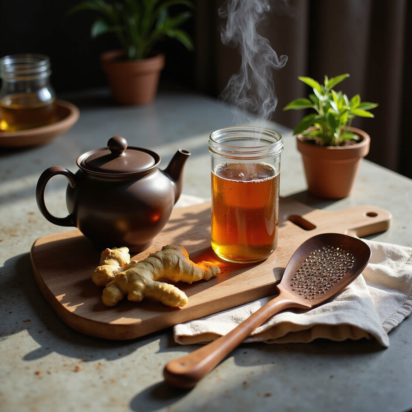 Earthy wellness corner with ginger tea setup featuring ceramic teapot, fresh ginger, honey jar, copper grater, and herbs on a textured surface in warm morning light.