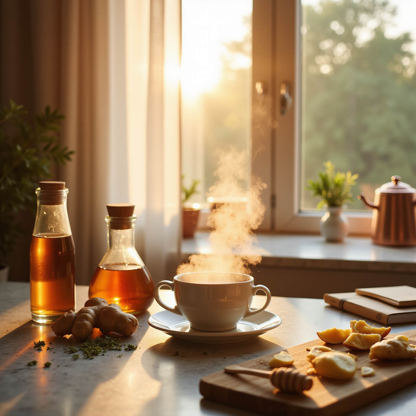 Sunlit modern kitchen at golden hour with steaming ginger tea, fresh ginger slices, raw honey jar, copper kettle, scattered herbs, and a wellness journal on a marble countertop, bathed in warm amber light through sheer curtains.