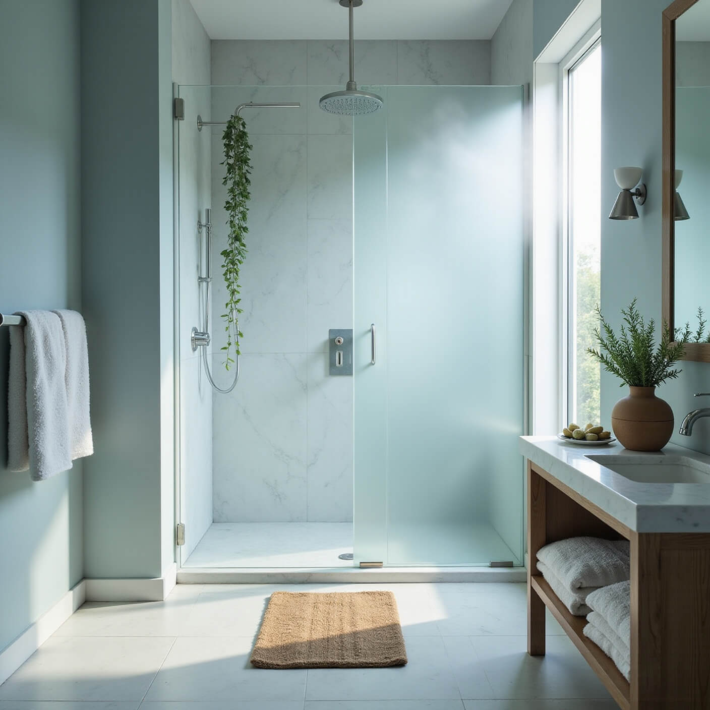Serene bathroom with steam, fogged glass shower door, eucalyptus branches, marble tiles, bamboo mat, cotton towels, and diffuser mist in soft morning light.