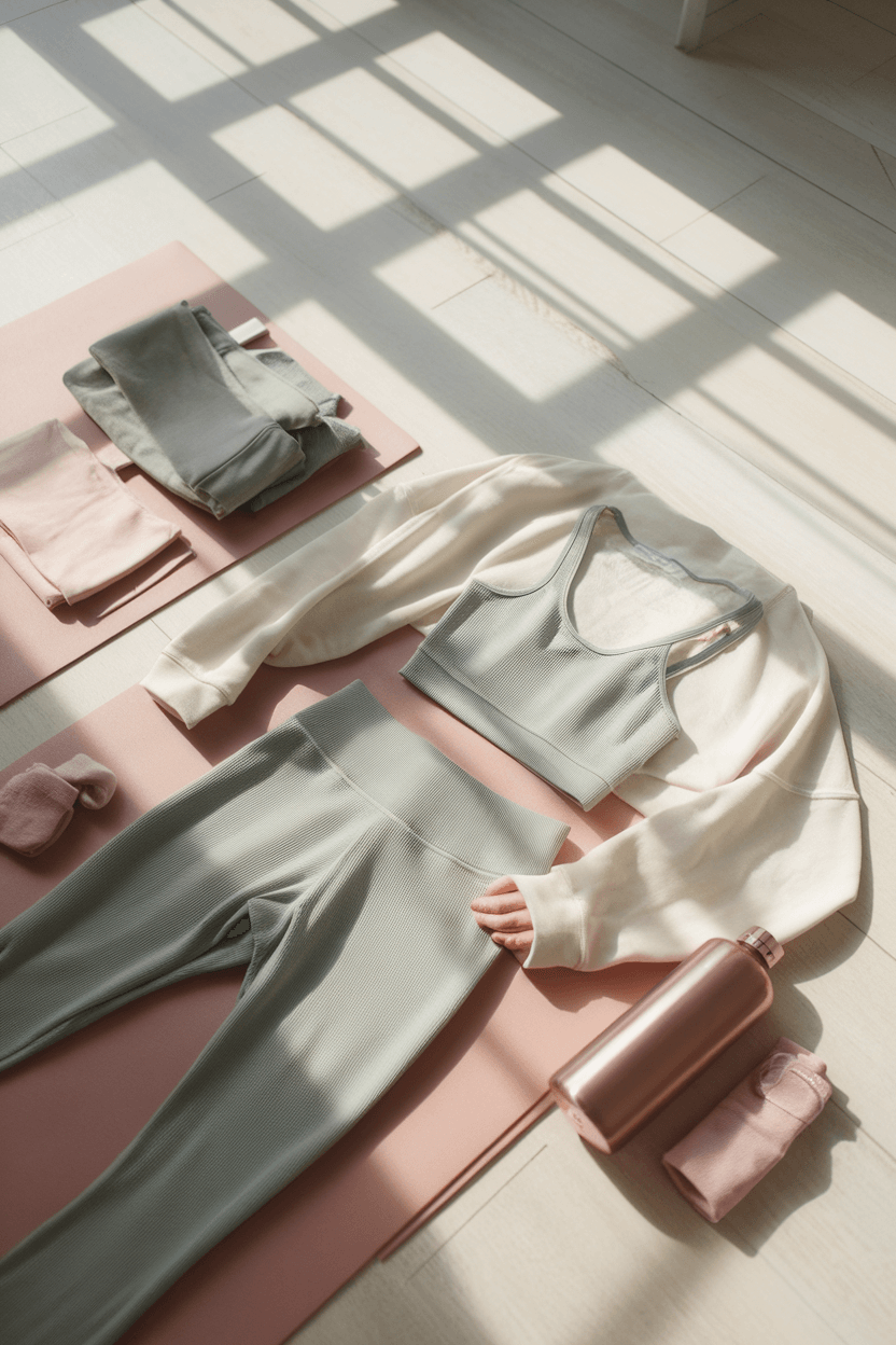 Flat lay of sage green ribbed yoga set, white sweatshirt, rose gold water bottle, and minimal jewelry on sunlit wooden floor in bright morning studio.