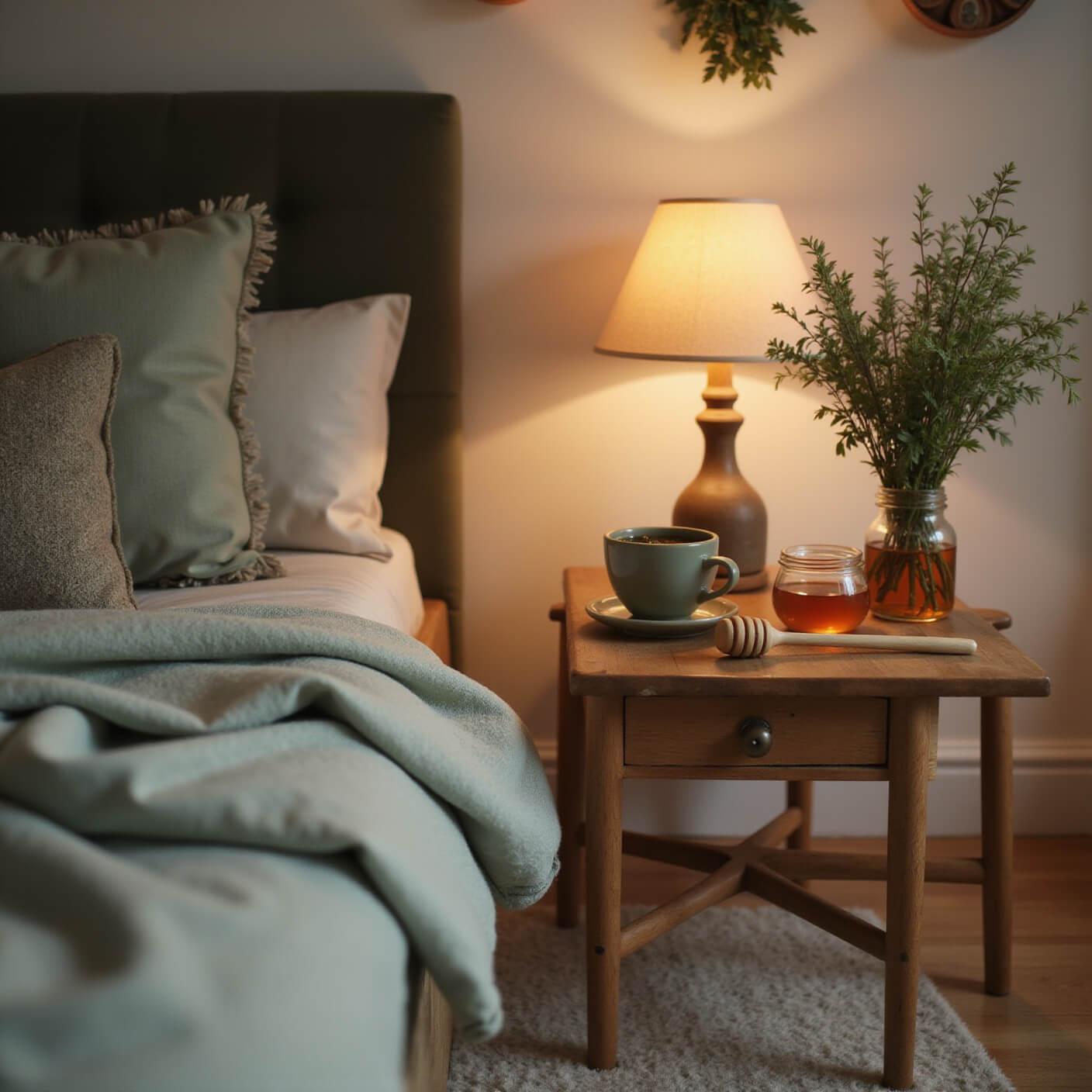 Cozy minimalist bedroom wellness corner with meditation cushion, thyme tea, honey jar, dried herbs, and warm earthy decor under soft lamplight.