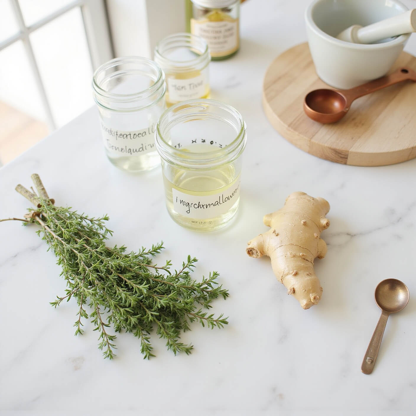 Overhead view of a bright kitchen counter with fresh thyme, marshmallow root, ginger, glass jars with handwritten labels, copper measuring spoons, and a porcelain mortar and pestle on white marble, lit by soft morning light.