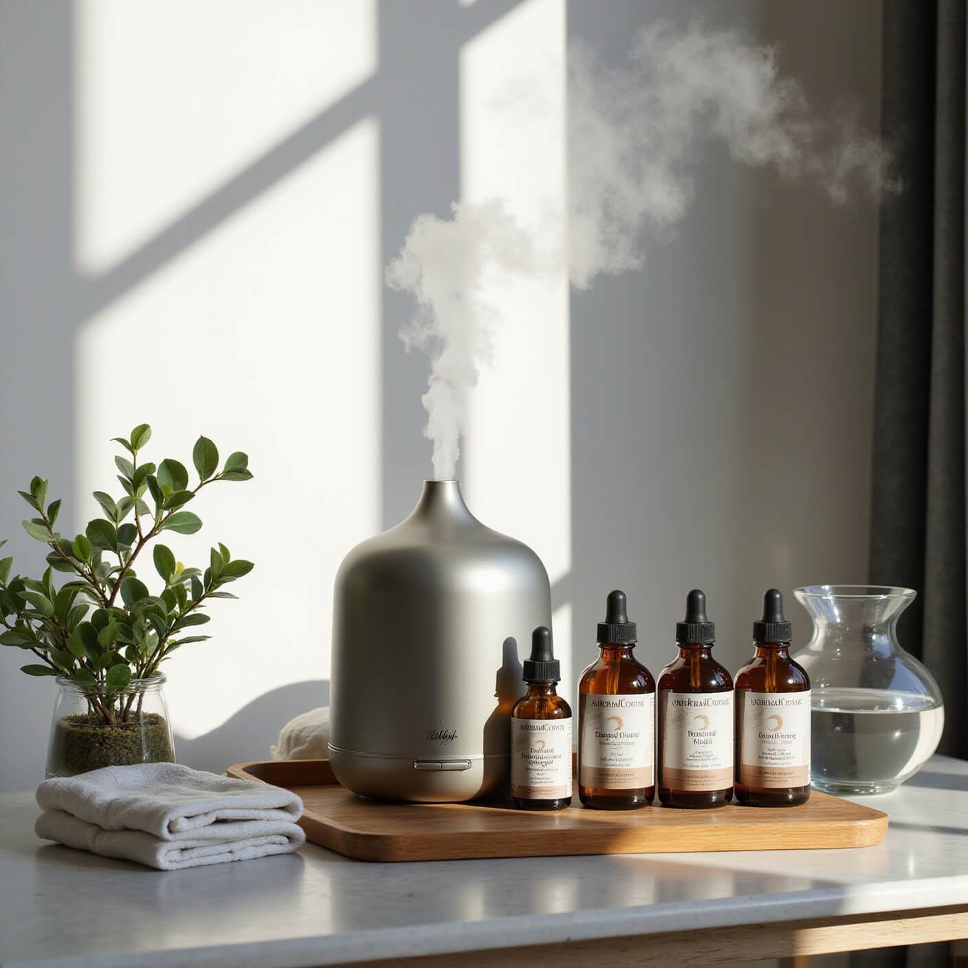 Contemporary wellness station with sleek humidifier emitting mist, amber glass bottles of natural remedies, folded organic cotton handkerchiefs, potted eucalyptus plant, crystal water carafe, and bamboo tray in cool grey and soft green tones lit by late afternoon light.