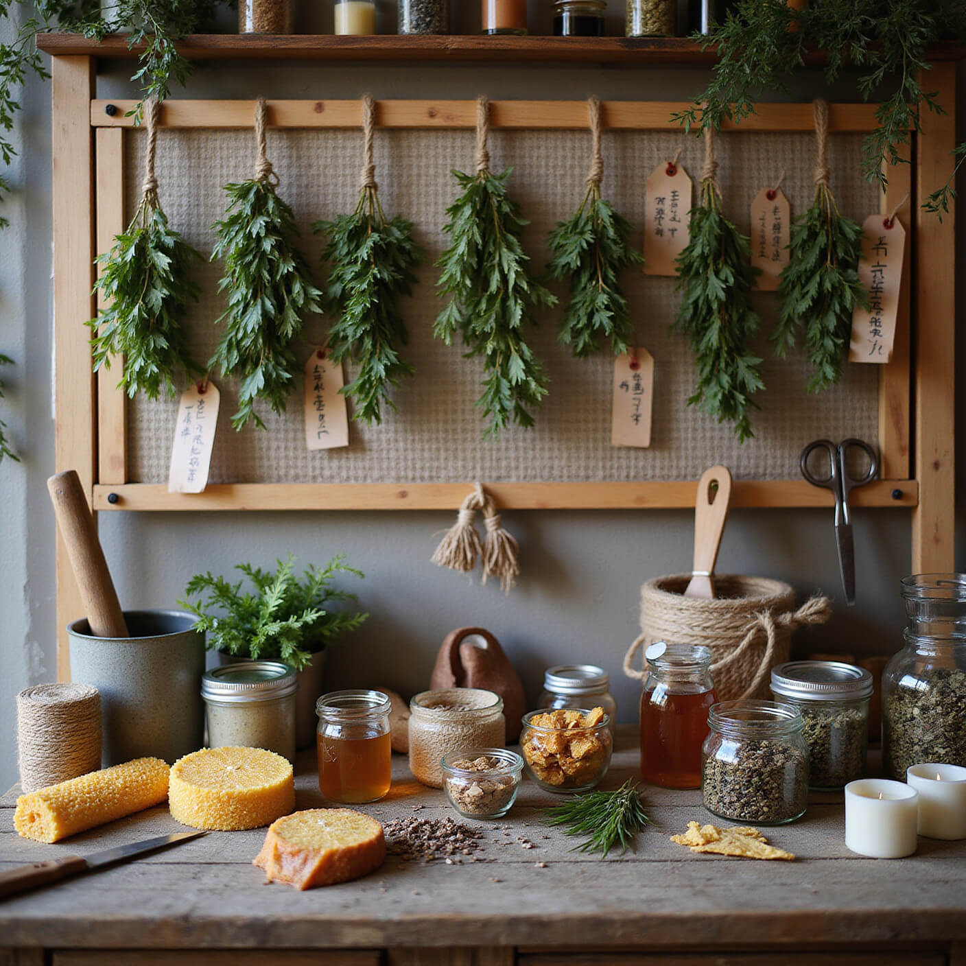 Rustic kitchen with wooden racks of fresh and dried herbs, mason jars of tea blends, raw honeycomb, beeswax candles, and crafting supplies in warm wood and forest green tones.