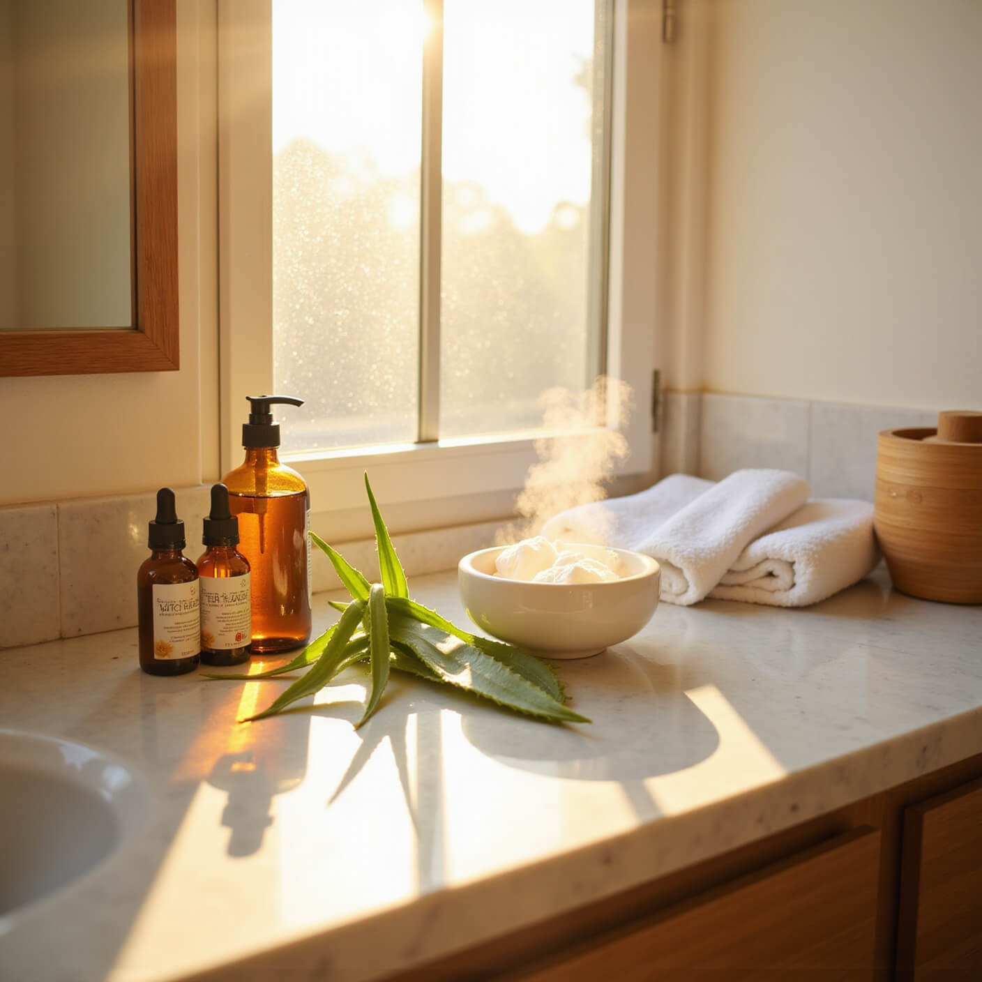 Sunlit bathroom vanity with natural acne remedies, including tea tree oil, witch hazel, fresh aloe vera, and a facial steamer, on a marble counter with warm golden-hour lighting.