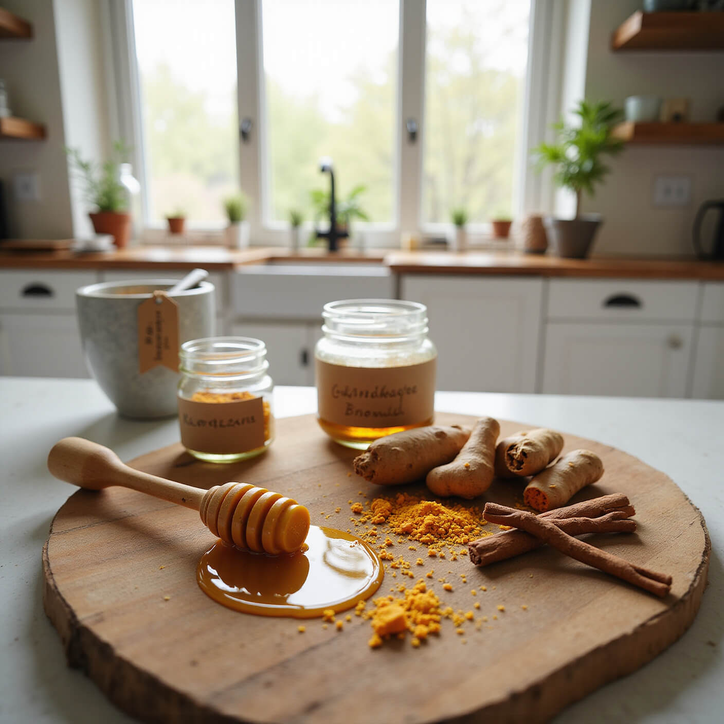 Overhead view of a sunlit modern farmhouse kitchen with a rustic cutting board holding dripping honey, fresh turmeric, cinnamon sticks, a marble mortar and pestle with ground spices, and glass jars of homemade skin treatments on the counter.