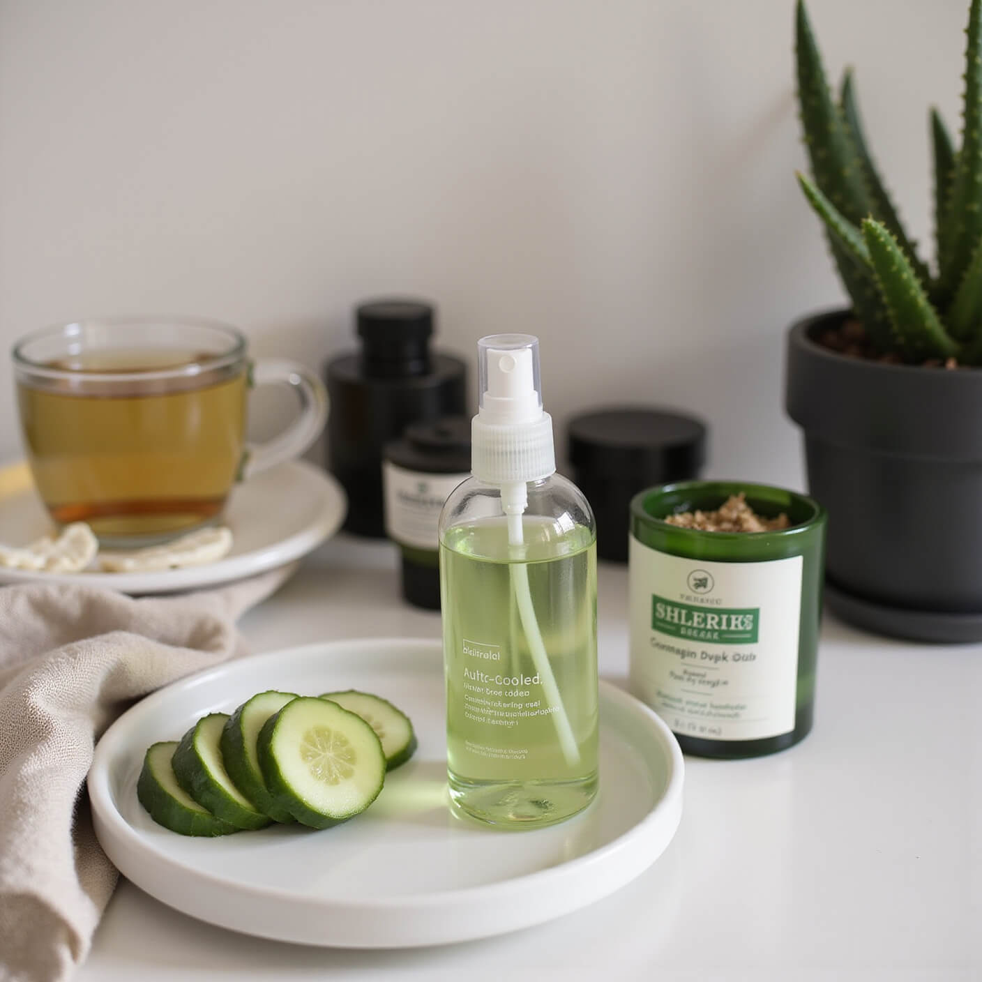 Serene bathroom counter at dawn with green tea, tea toner spray, cucumber slices, oatmeal mask, aloe plant, black accessories, and linen towels.