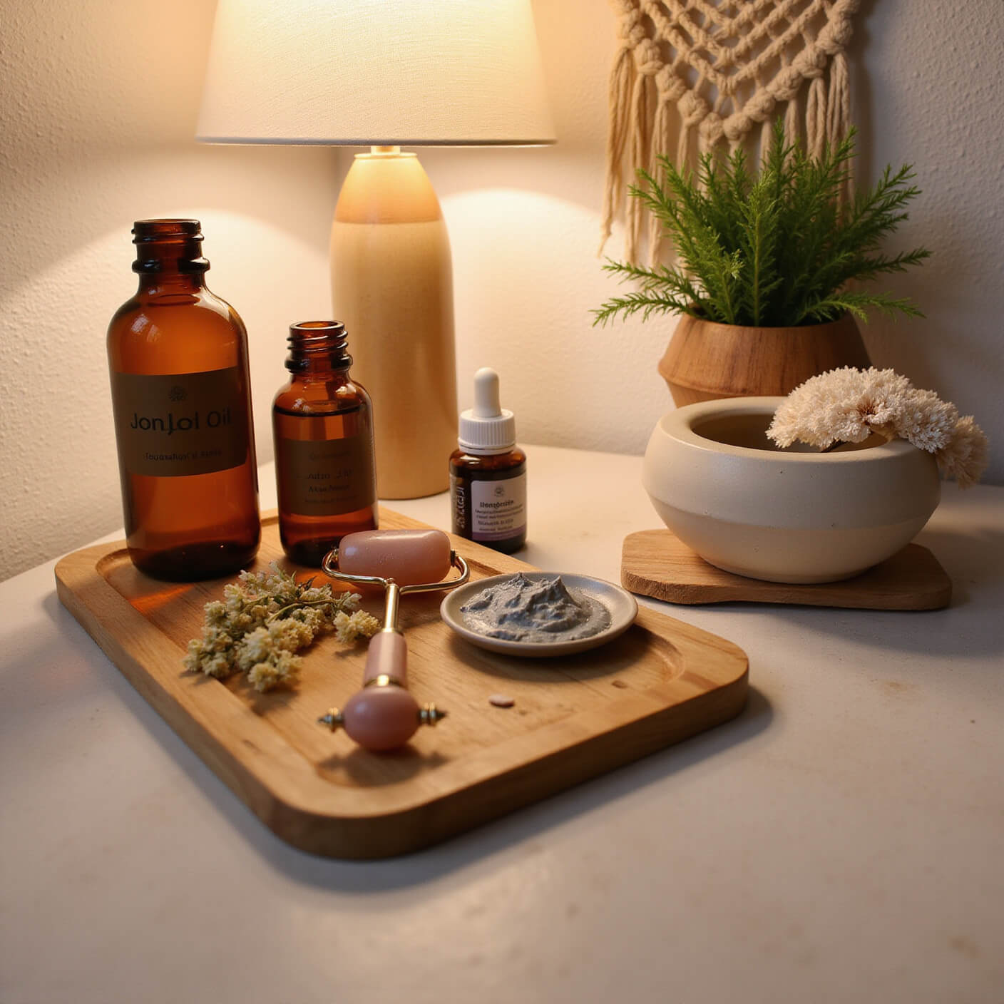 Evening wellness setup with amber glass bottles, rose quartz facial roller, clay mask bowl, dried flowers, and essential oil diffuser on wooden tray against a textured wall with macramé plant hanger.