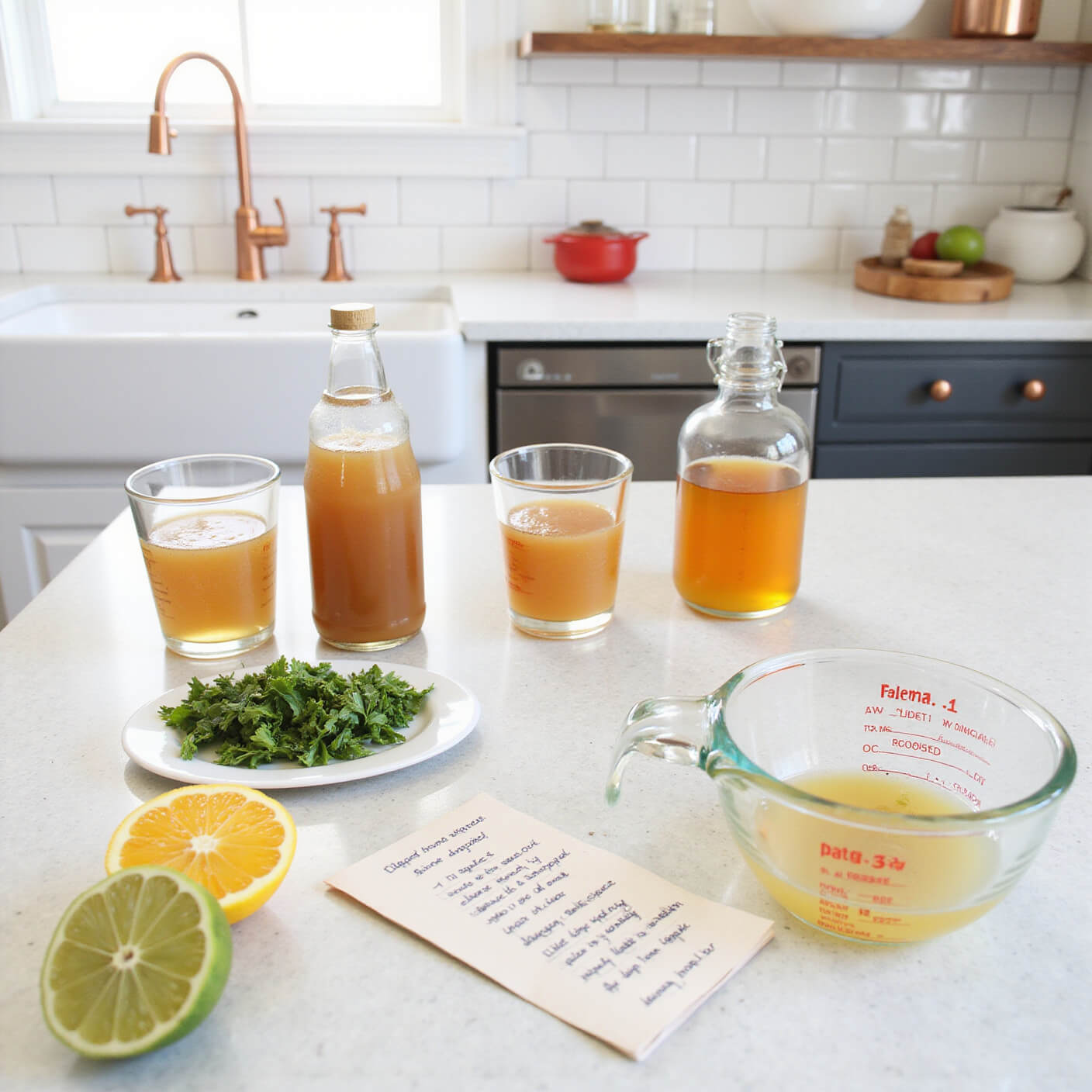 Bright kitchen counter with glass measuring cups and bottles of apple cider vinegar, fresh herbs, citrus fruits, and handwritten recipe cards against white subway tiles and copper accents in morning light.