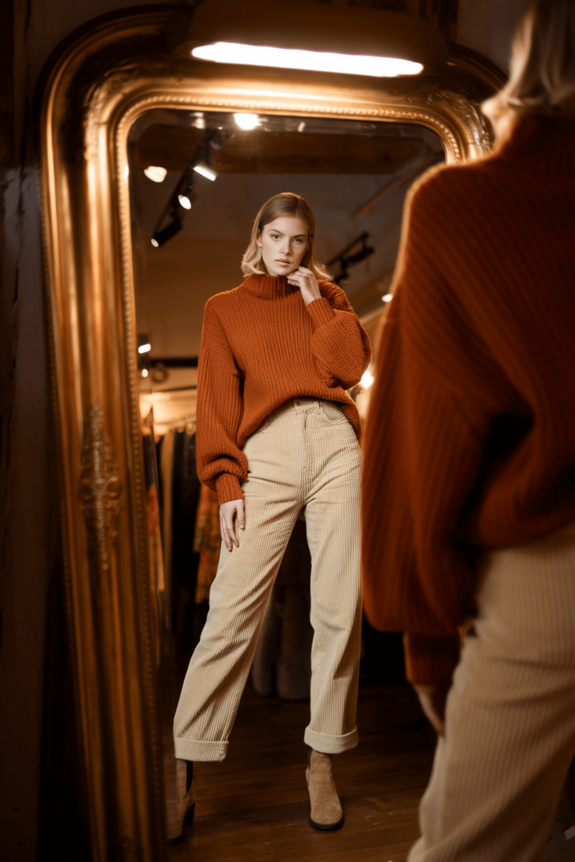 Model in cozy autumn outfit, wearing burnt orange chunky knit turtleneck, cream corduroy pants, and suede ankle boots, in a vintage-inspired boutique dressing room with warm lighting and brass mirror reflection.