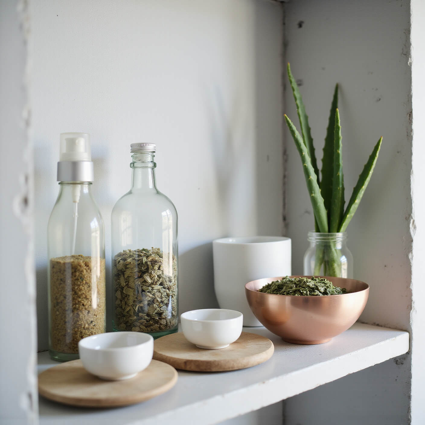 Minimalist bathroom shelf with natural acne treatments, including glass spray bottles, dried herbs, white ceramic bowls, green tea leaves in copper bowl, fresh aloe stems in vase, against pale grey walls and concrete accents.