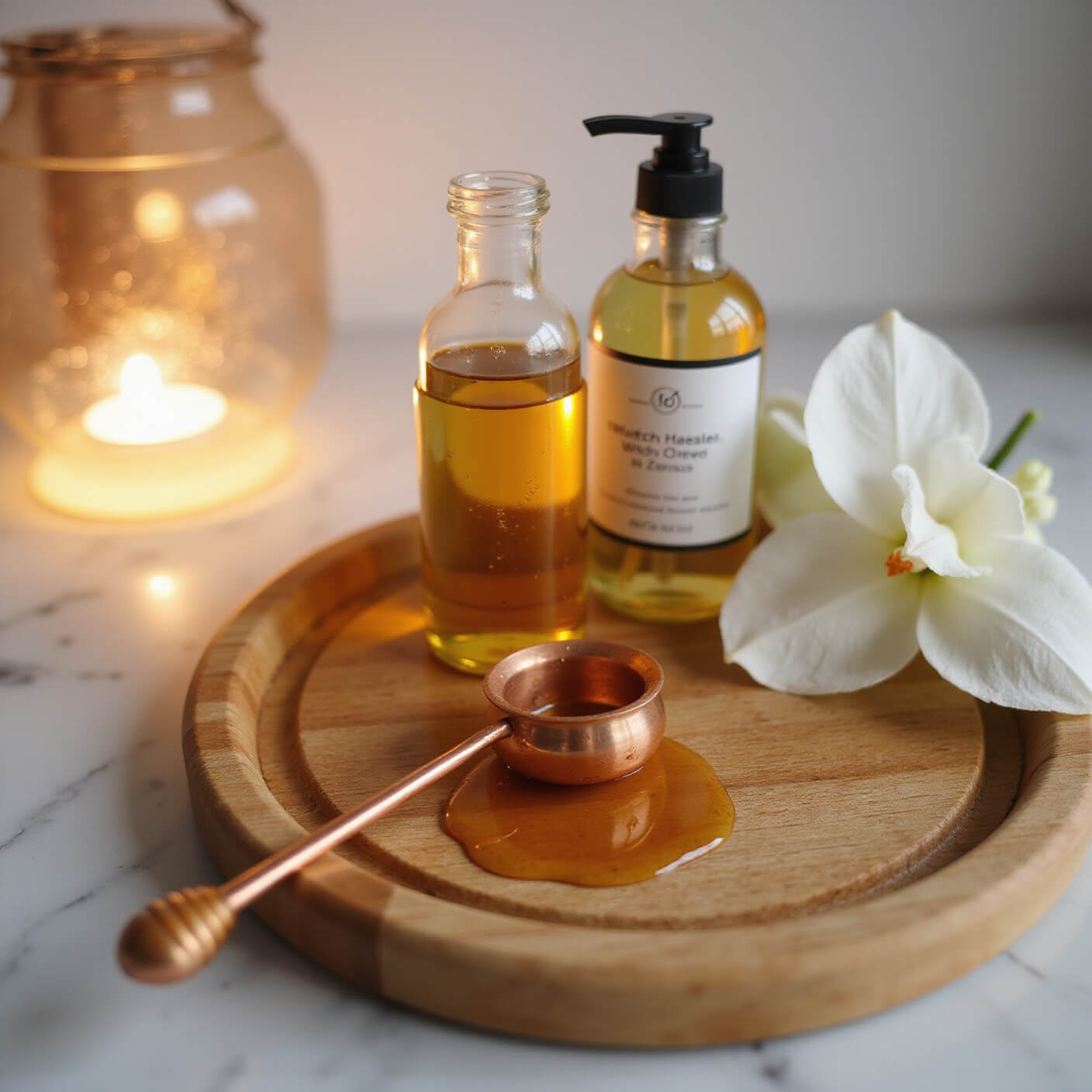 Close-up of evening skincare setup with honey, witch hazel, tea tree solutions, and white orchid on marble surface under warm light.