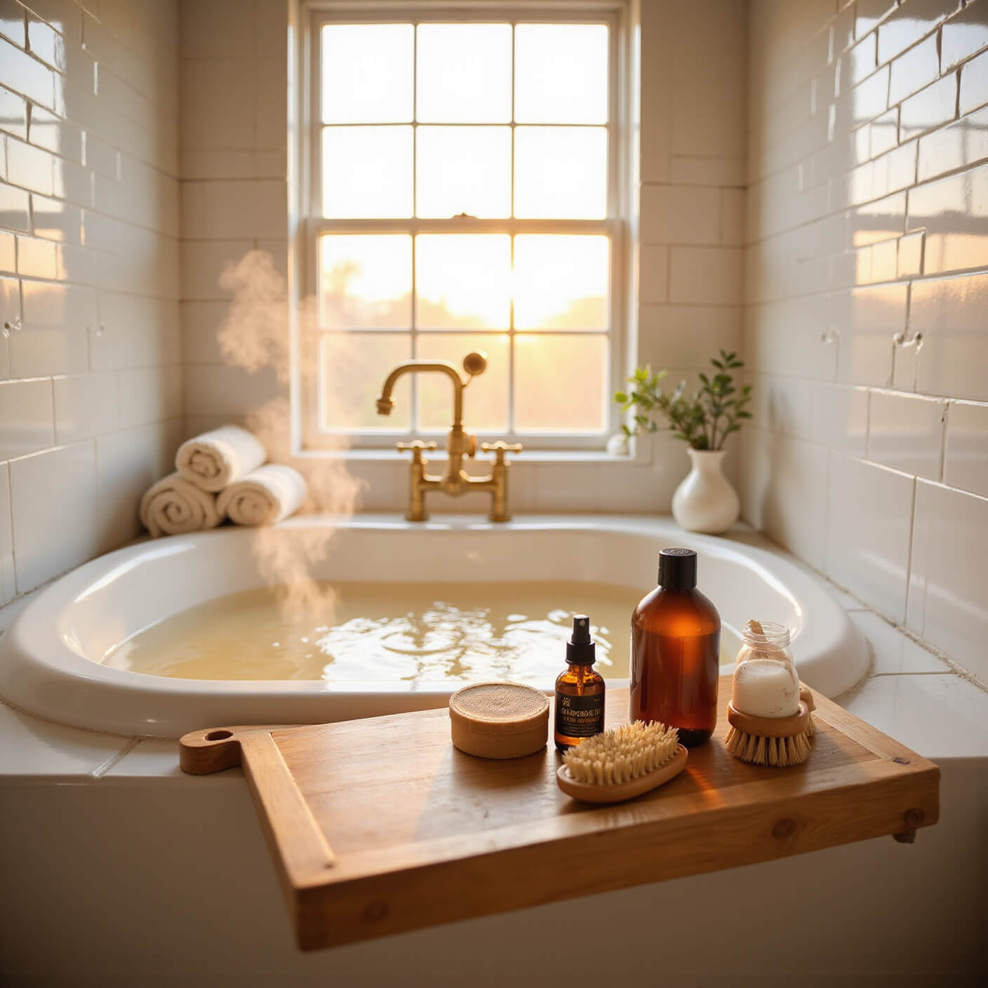 Serene master bathroom at golden hour with steam rising from a soaking tub, pet grooming tools on a bamboo caddy, and folded Turkish cotton towels; white subway tiles and brass fixtures enhance the spa-like atmosphere.