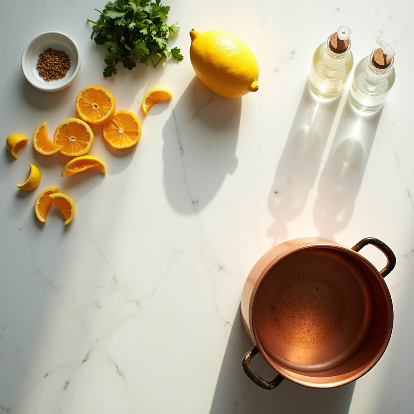 Top-down view of a modern kitchen countertop with citrus peels, herbs, glass spray bottles, and a copper pot simmering a natural flea-repellent solution, bathed in warm afternoon light.