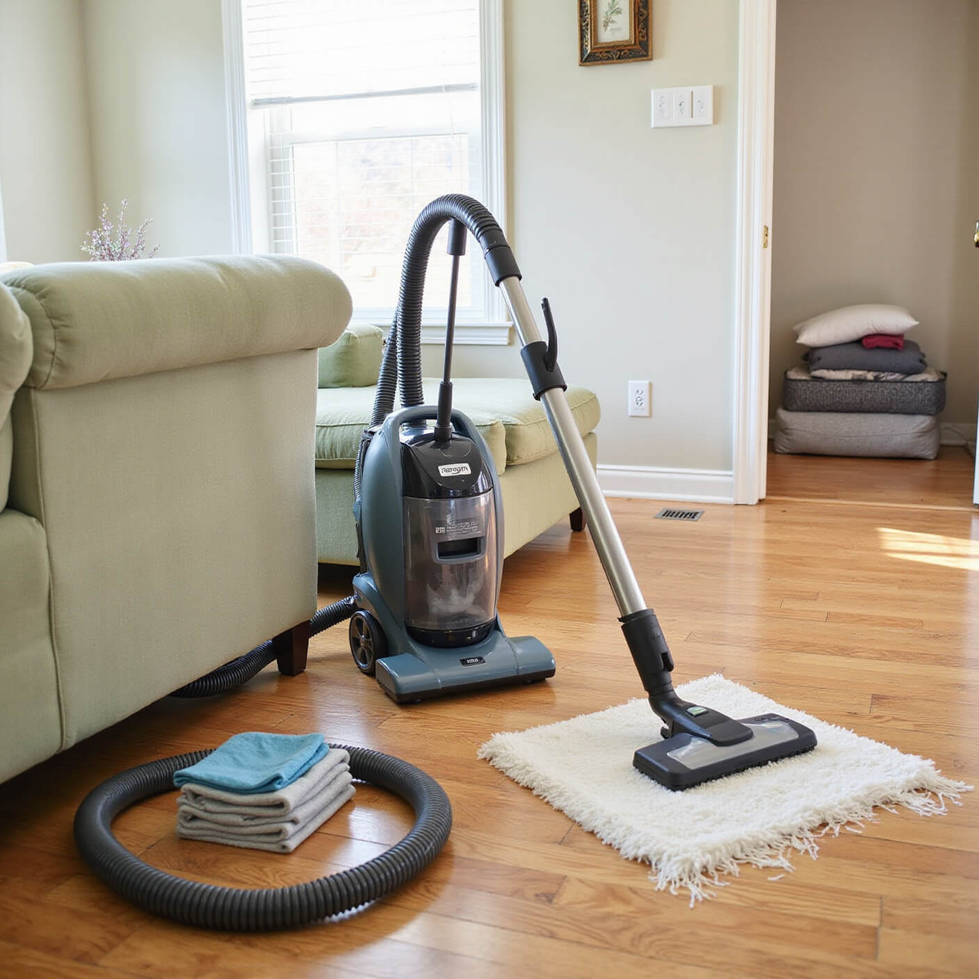 Cozy living room ready for deep cleaning with professional vacuum by sage green sofa, steam cleaner on hardwood floor, stacked microfiber cloths, and pet laundry visible through open doorway.