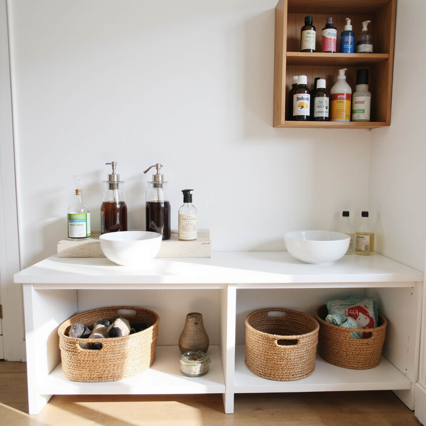 Minimalist mud room with white bowls of diatomaceous earth, wooden shelf holding amber essential oil bottles, and woven baskets of eco-friendly pet supplies, bathed in dramatic morning light.