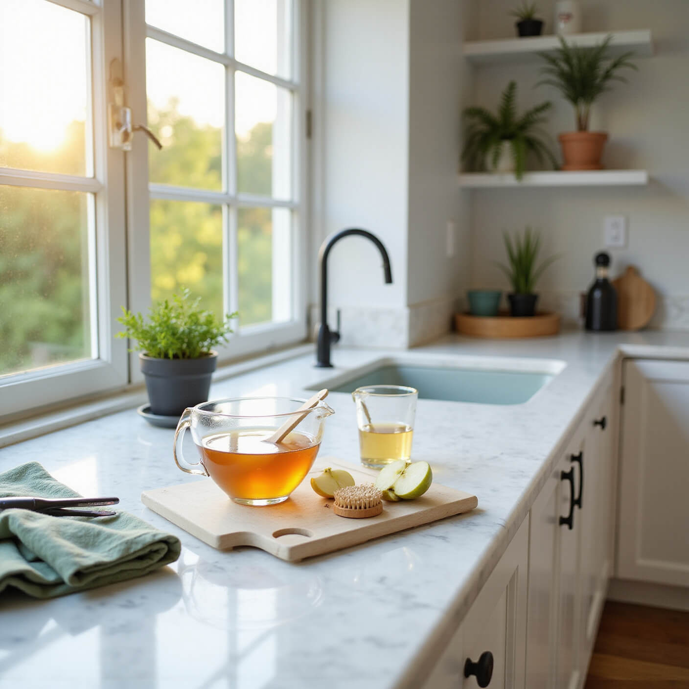 Bright modern kitchen with sunlight pouring through large windows, showcasing an apple cider vinegar hair treatment setup with glass bowls, bamboo brush, apple slices, and sage green towels near a white sink and potted herbs.