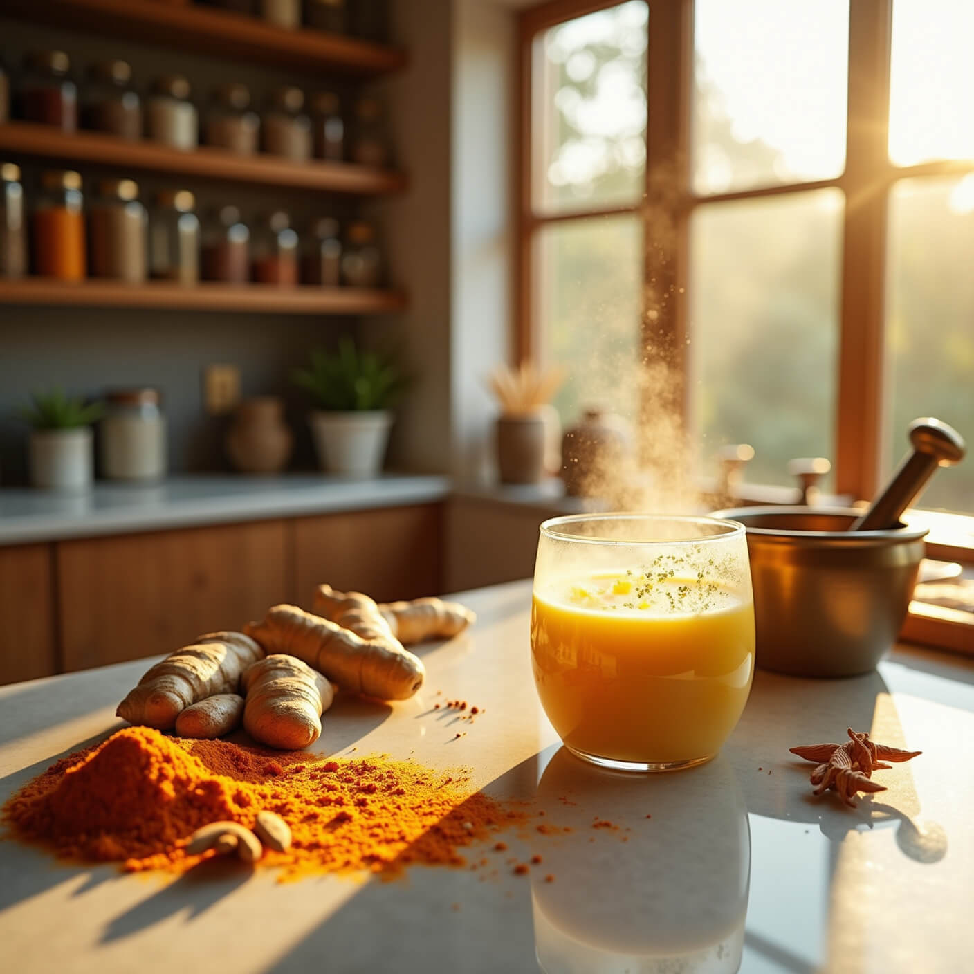 Sunlit modern kitchen with wooden spice rack, marble countertop displaying turmeric, ginger, brass mortar and pestle, and a steaming cup of golden milk at golden hour.