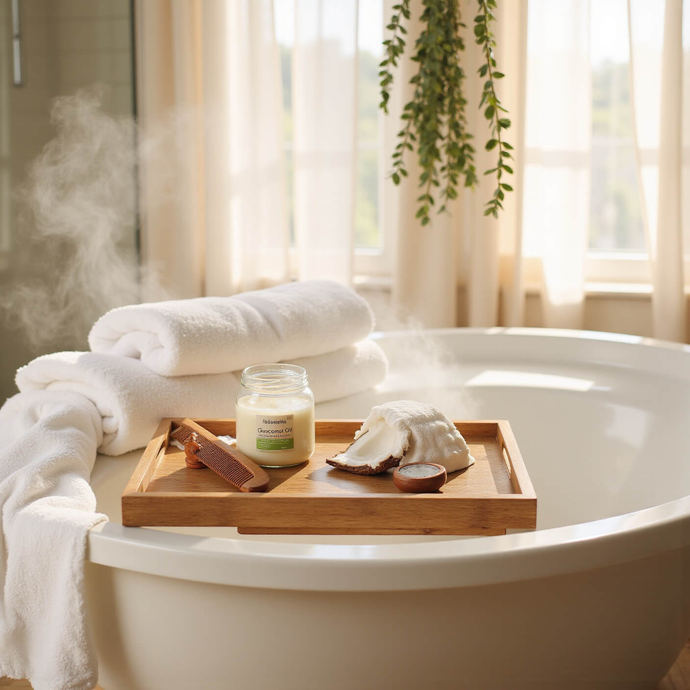 Freestanding white tub with coconut oil hair treatment items on a wooden tray, plush towels, eucalyptus branches, and warm afternoon light filtering through sheer curtains.