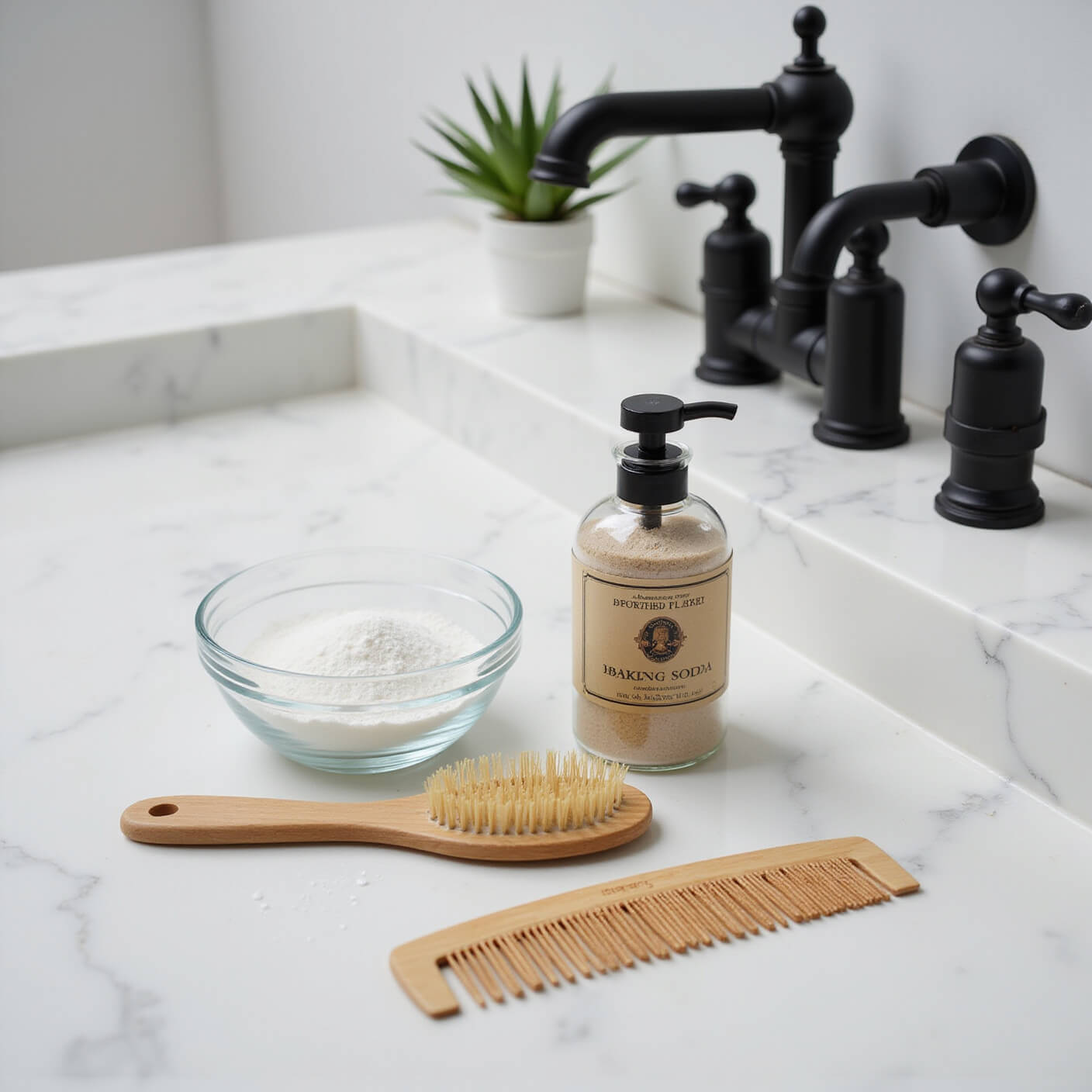 Minimalist bathroom counter with baking soda in glass bowl, vintage shaker bottle, bamboo comb, scalp brush, aloe plant, and matte black fixtures on marble surface with water droplets.