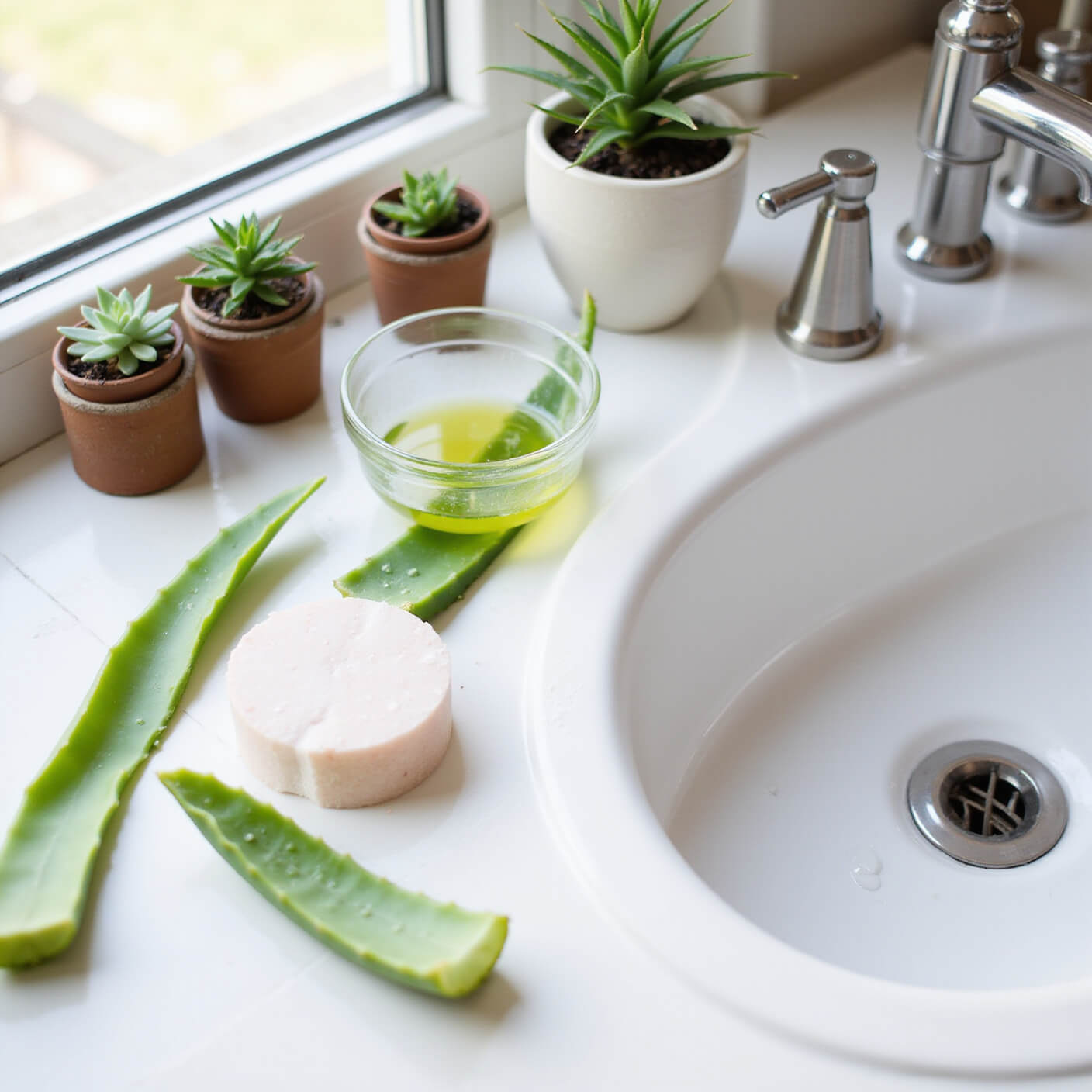 Contemporary bathroom vanity with aloe vera being prepared beside a glass bowl, surrounded by a rose quartz facial roller, cotton rounds, scalp massager, and potted succulents in soft afternoon light.