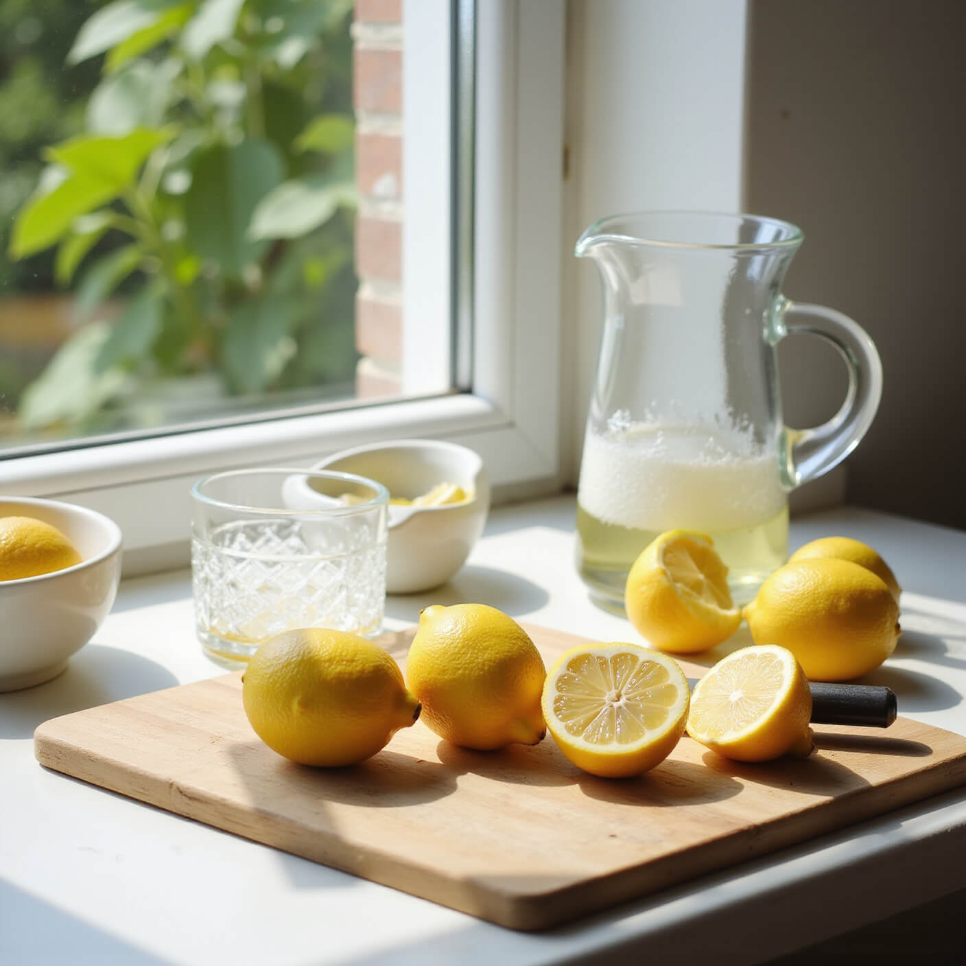Sunlit kitchen with fresh lemons on a cutting board, glass juicer, measuring cup, and water pitcher; herb garden visible through window.