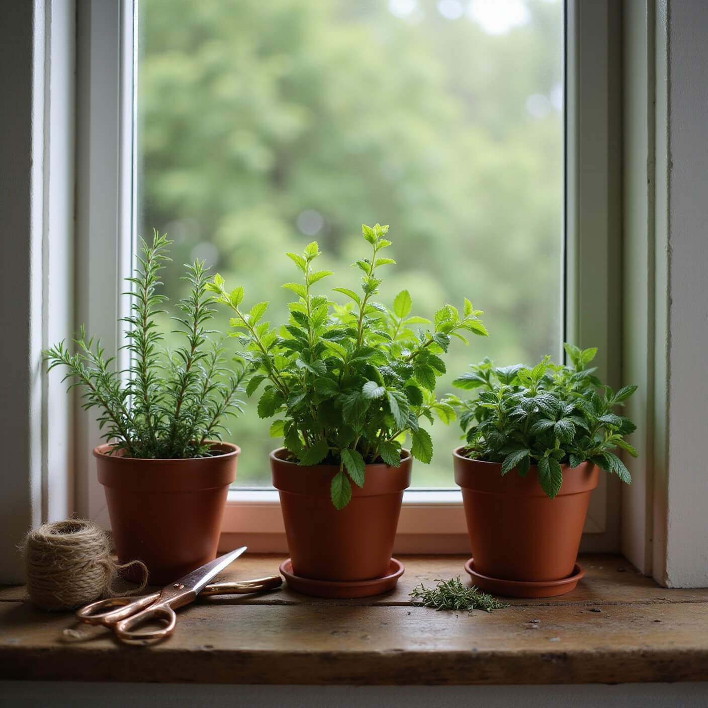 Cozy windowsill herb garden with terracotta pots of rosemary, thyme, sage, and mint, misted leaves, copper scissors, and twine on a rustic shelf with soft morning light.
