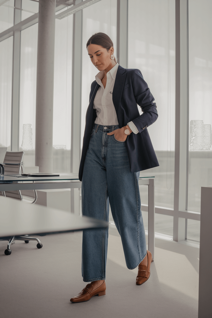 Professional woman in modern office wearing indigo jeans, white Oxford shirt, navy blazer, and cognac loafers, with gold watch and pearl studs; sleek furniture and diffused natural light.