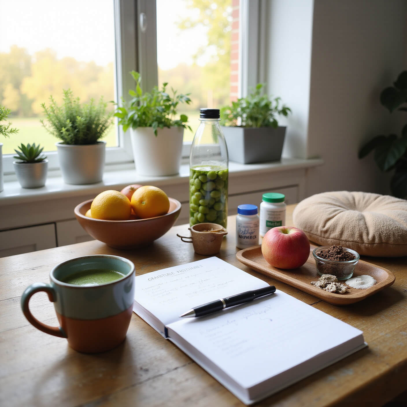 Bright breakfast nook at sunrise with matcha tea in a ceramic mug, gratitude journal, fresh fruit, supplements, superfood powders, smart water bottle, potted herbs on windowsills, and meditation cushion in morning light.