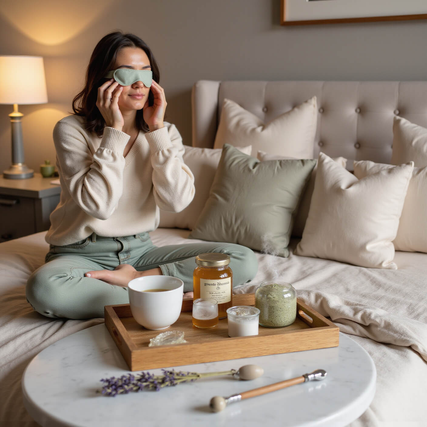 Woman practicing self-care in cozy bedroom at dusk, applying green tea bags to eyes on cream bedding; tea tray with organic tea, honey, and steaming cup nearby; silk eye mask, crystal roller, and dried lavender on marble side table.