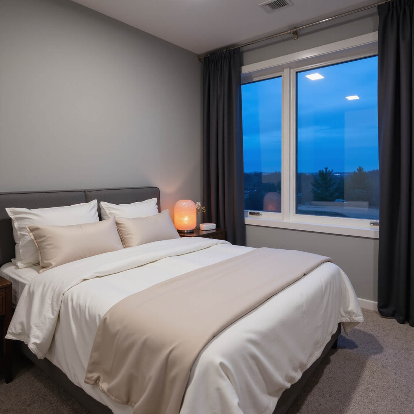 Modern bedroom at blue hour with king bed, ivory silk pillows, weighted blanket, Himalayan salt lamp, sleep tracker, white noise machine, lavender diffuser, and partially drawn blackout curtains in calming grey and white tones.