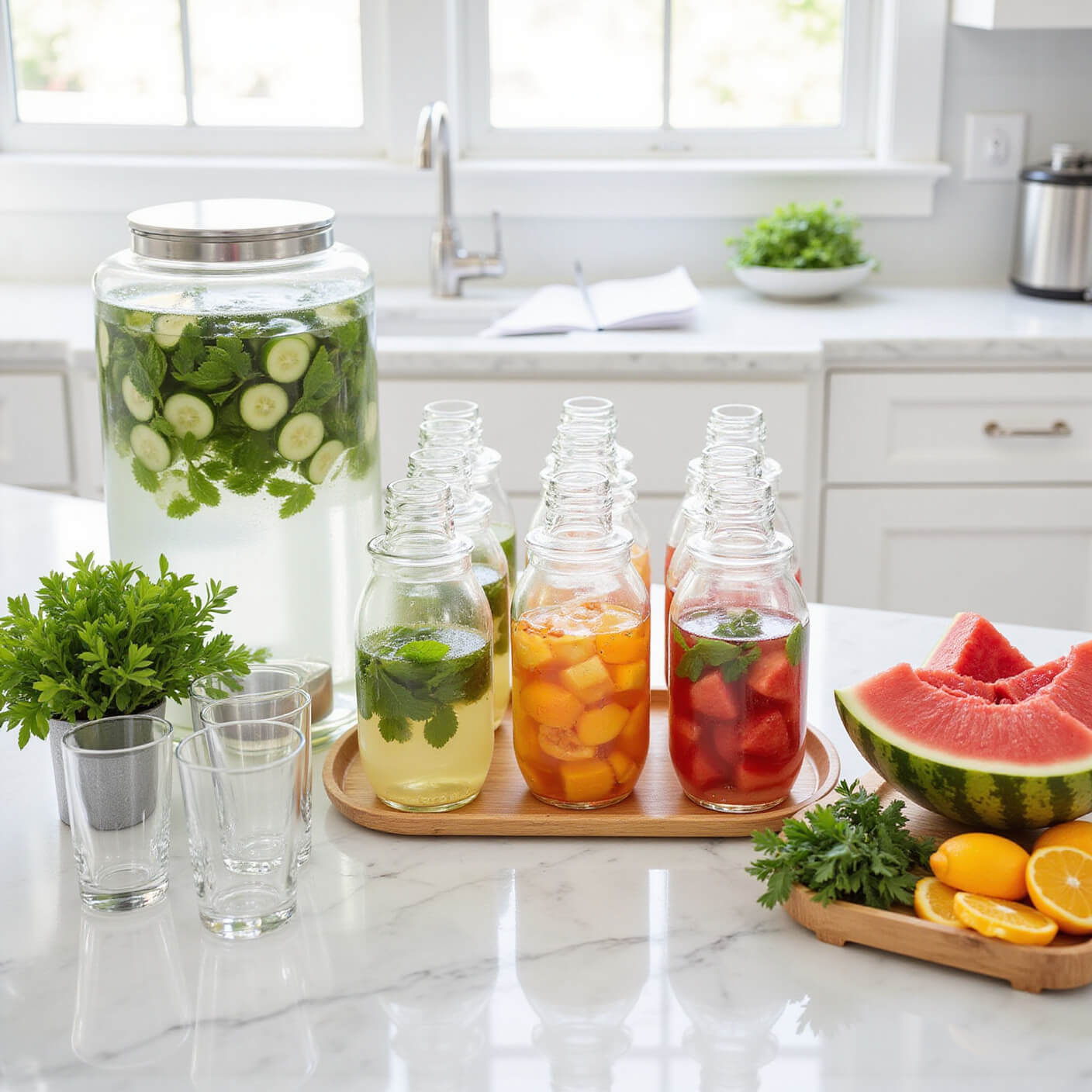 Overhead view of a bright kitchen with a hydration station featuring a glass dispenser of cucumber mint water, fruit-infused bottles, watermelon chunks, citrus fruits, fresh herbs on a bamboo tray, and crystal glasses on a white marble counter with green plants.