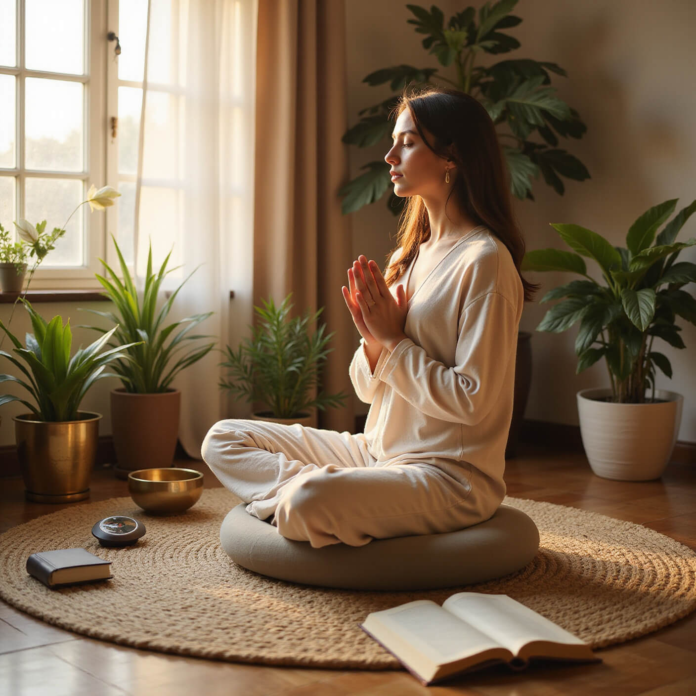 Person meditating on round cushion in sunlit zen corner with yoga mat, journal, timer, singing bowl, and surrounded by plants on jute rug, earth tones and brass accents throughout.