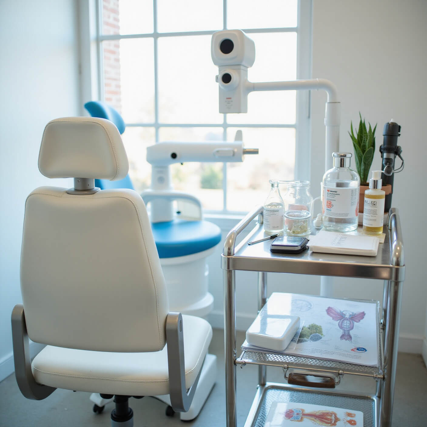 Dermatologist consultation room with white exam chair, advanced skin analysis tools, skincare solutions, skin diagrams, and notepad on medical cart in soft afternoon light.