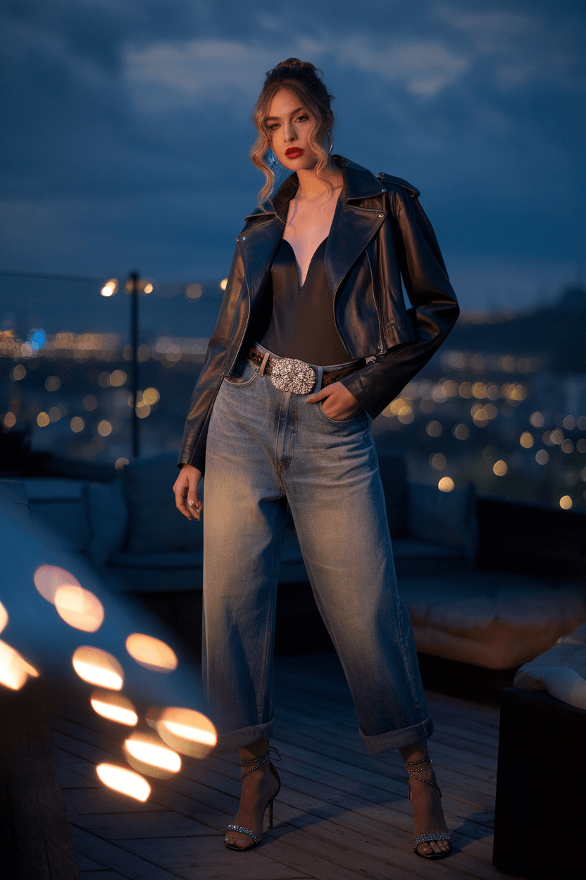 Fashion influencer on a moody rooftop bar at night, wearing vintage baggy jeans, black silk bodysuit, crystal belt, leather moto jacket, and stiletto sandals, with loose waves and red lipstick, city lights blurred in background.