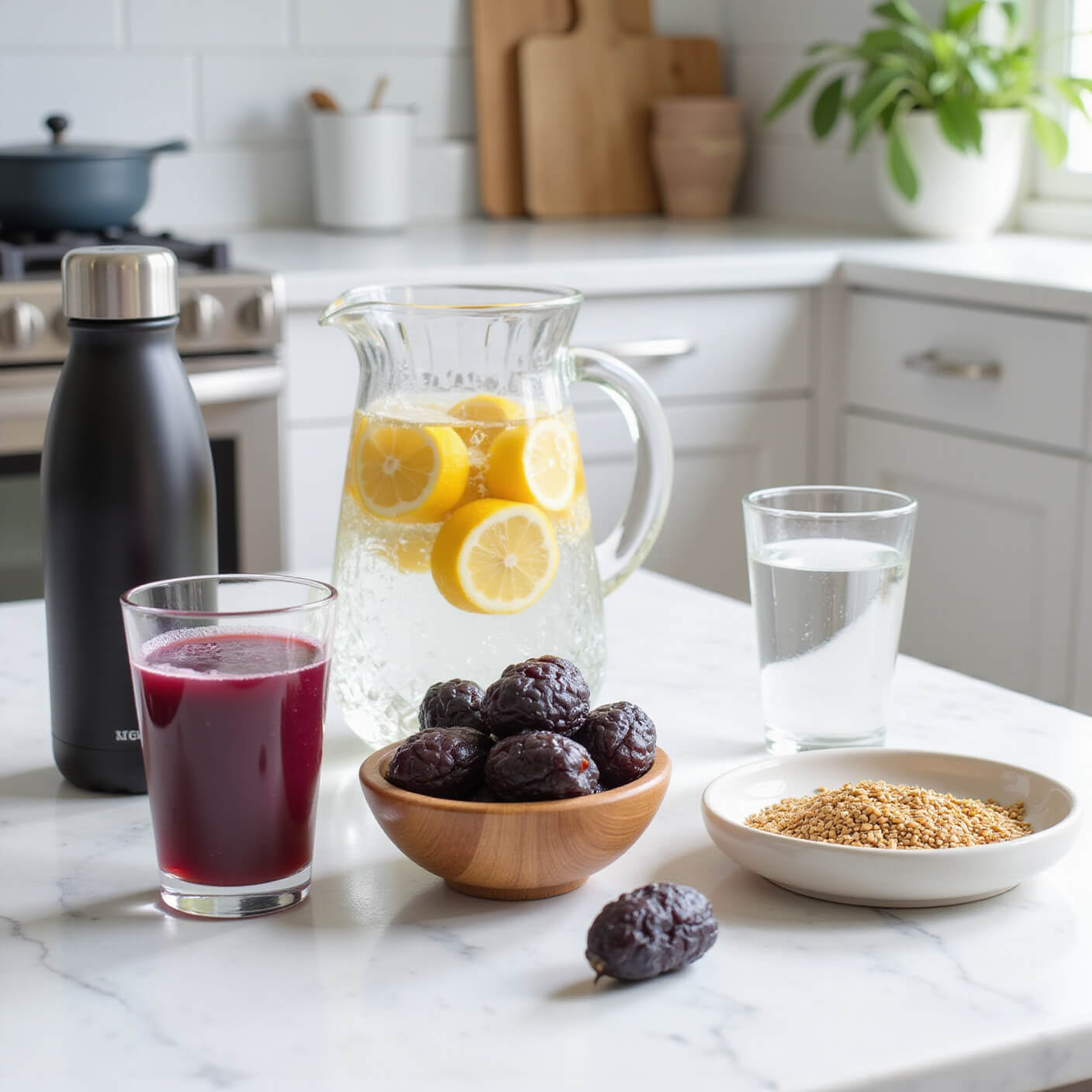 Natural constipation remedies on a marble kitchen counter, including prune juice, prunes, lemon water, flaxseeds, and a hydration tracker, in soft morning light.