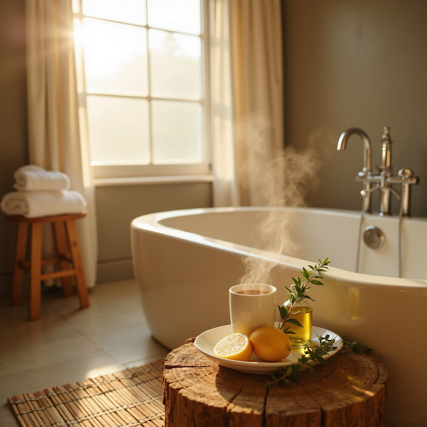 Golden hour bathroom scene with bamboo mat, fluffy towels, wooden stool holding olive oil and lemon, steaming herbal tea, and eucalyptus branches hanging by a frosted window.