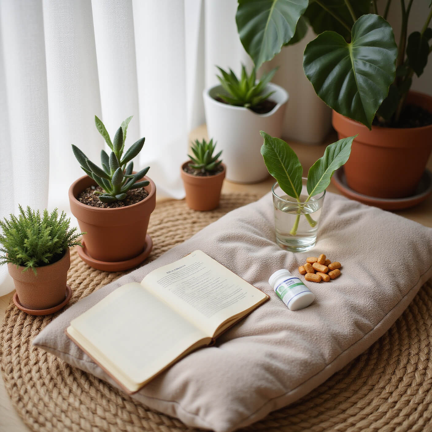 Cozy meditation corner with cushion on jute rug, surrounded by plants, wellness journal, glass of water, and natural supplements in soft morning light.