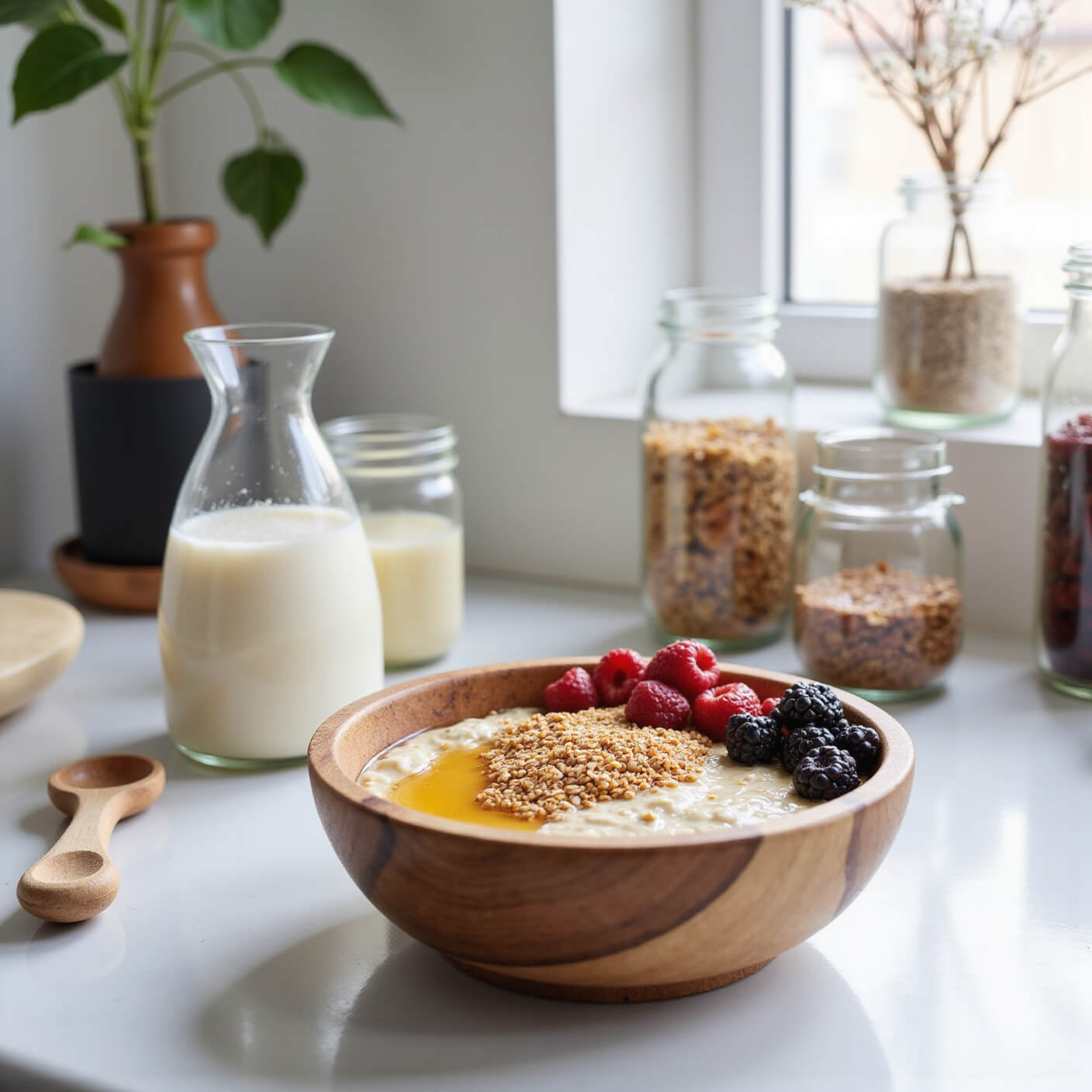 Modern farmhouse kitchen counter with a wooden bowl of overnight oats topped with flaxseeds, berries, and honey, surrounded by a water carafe, measuring spoons, and jars of dried fruits and nuts, lit by soft morning window light.
