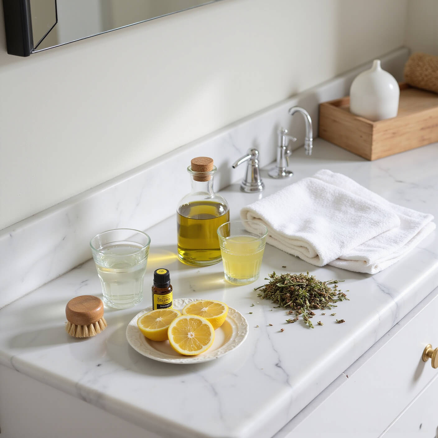 Bathroom vanity with white marble counter displaying glass bottles of olive oil and lemon juice, dried herbs, essential oils, white hand towels, and a natural bristle brush in soft morning light.
