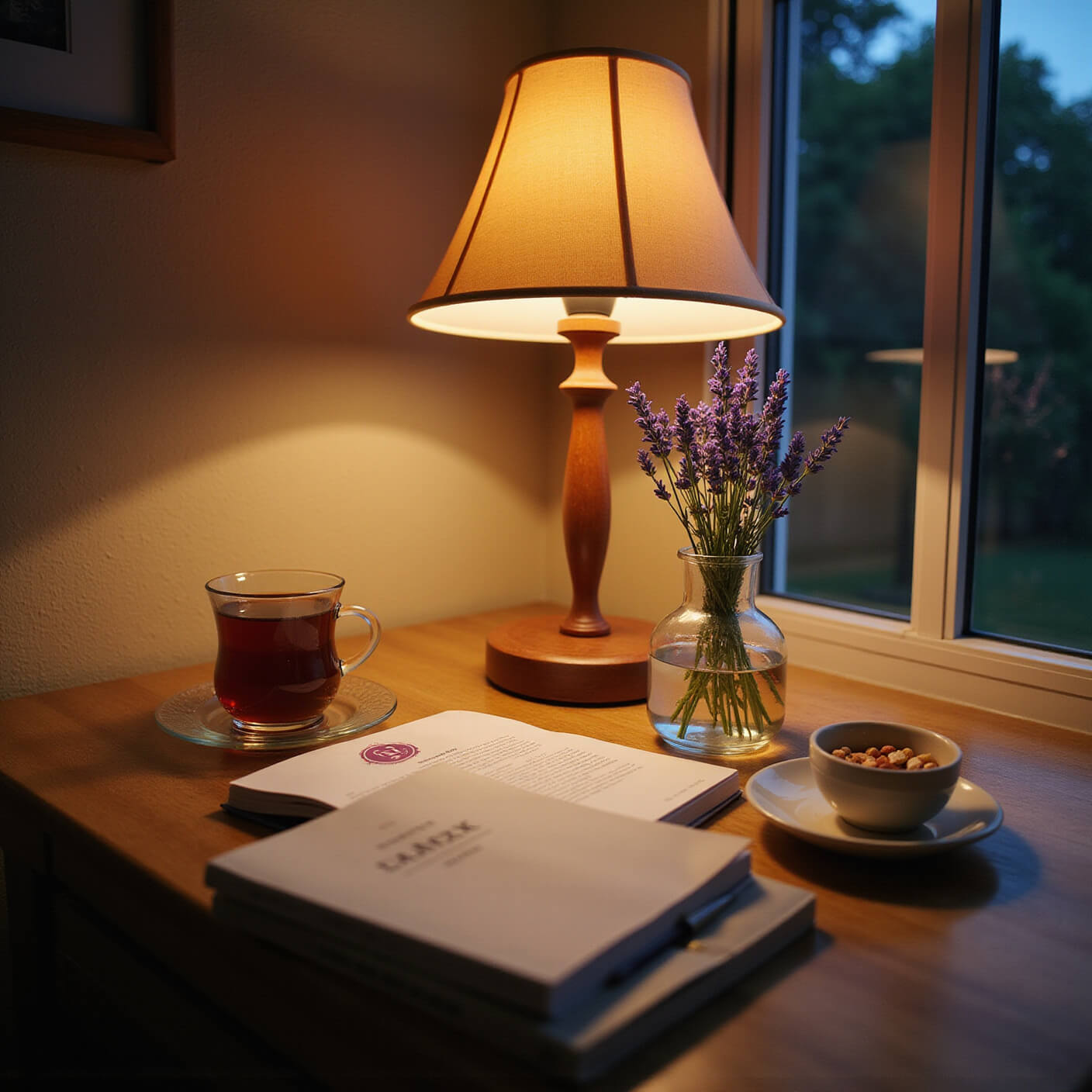 Bedside table at dusk with warm lamp light, featuring herbal tea, water carafe, wellness journal, natural supplements in dish, and lavender sprig in vase.