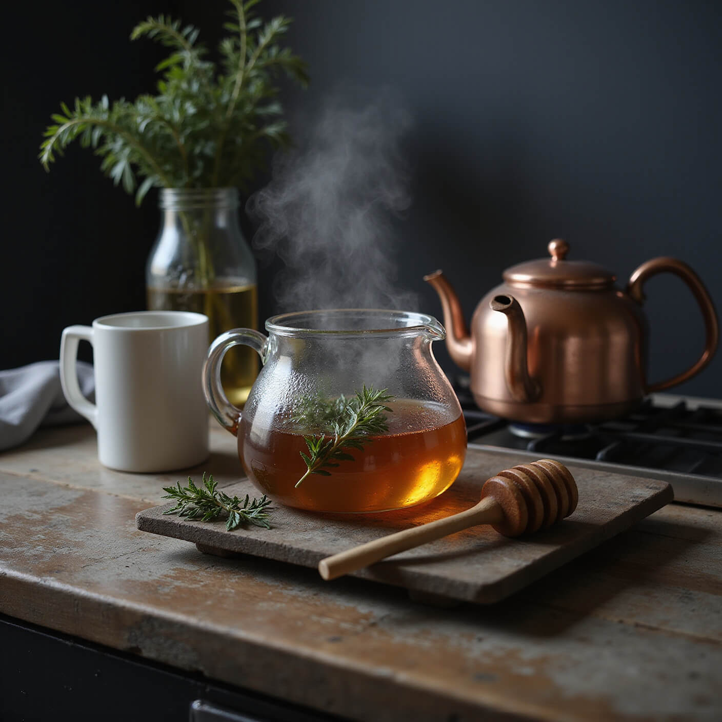 A cozy kitchen scene with a steaming copper kettle on a black stovetop, fresh herbs being added to a glass teapot, and honey in warm lighting beside white mugs on a wooden tray.