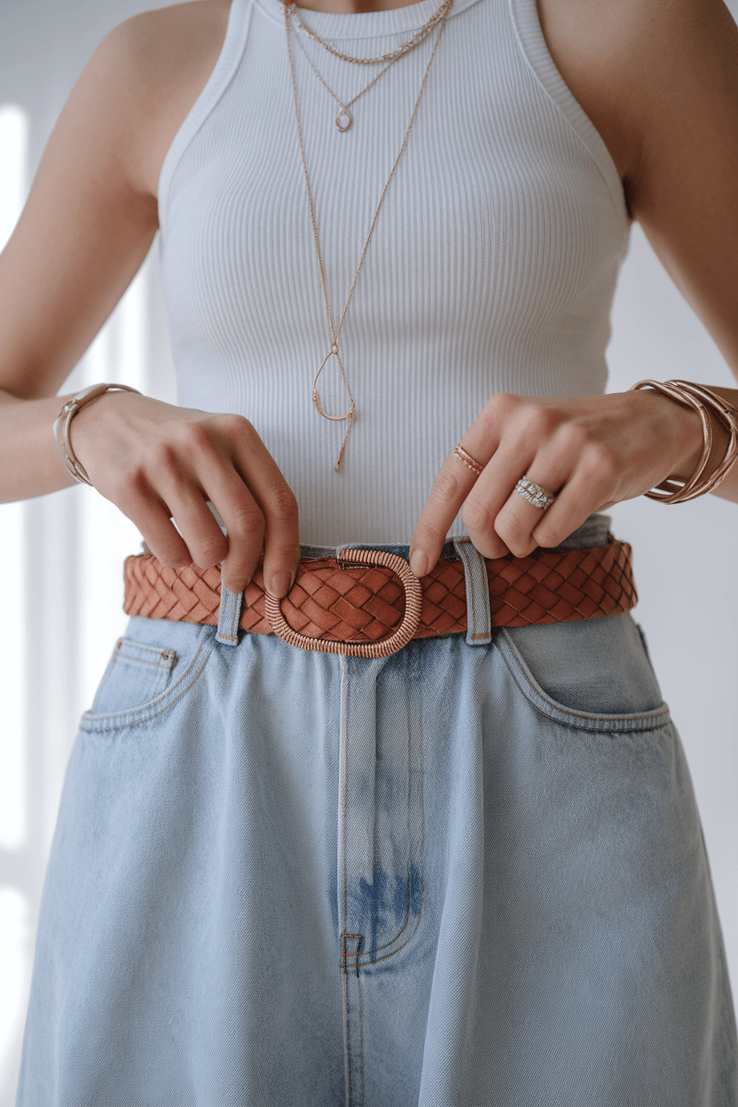 Stylist adjusting woven leather belt on baggy light wash jeans with ivory ribbed tank and delicate gold jewelry, shot at waist level against white cyclorama backdrop.