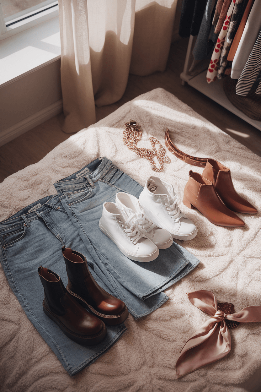 Flat lay of baggy jeans styling options on plush white bedding with platform boots, white sneakers, pointed ankle boots, and scattered accessories like gold chains, a leather belt, and a silk scarf, in a cozy bedroom with soft window light.