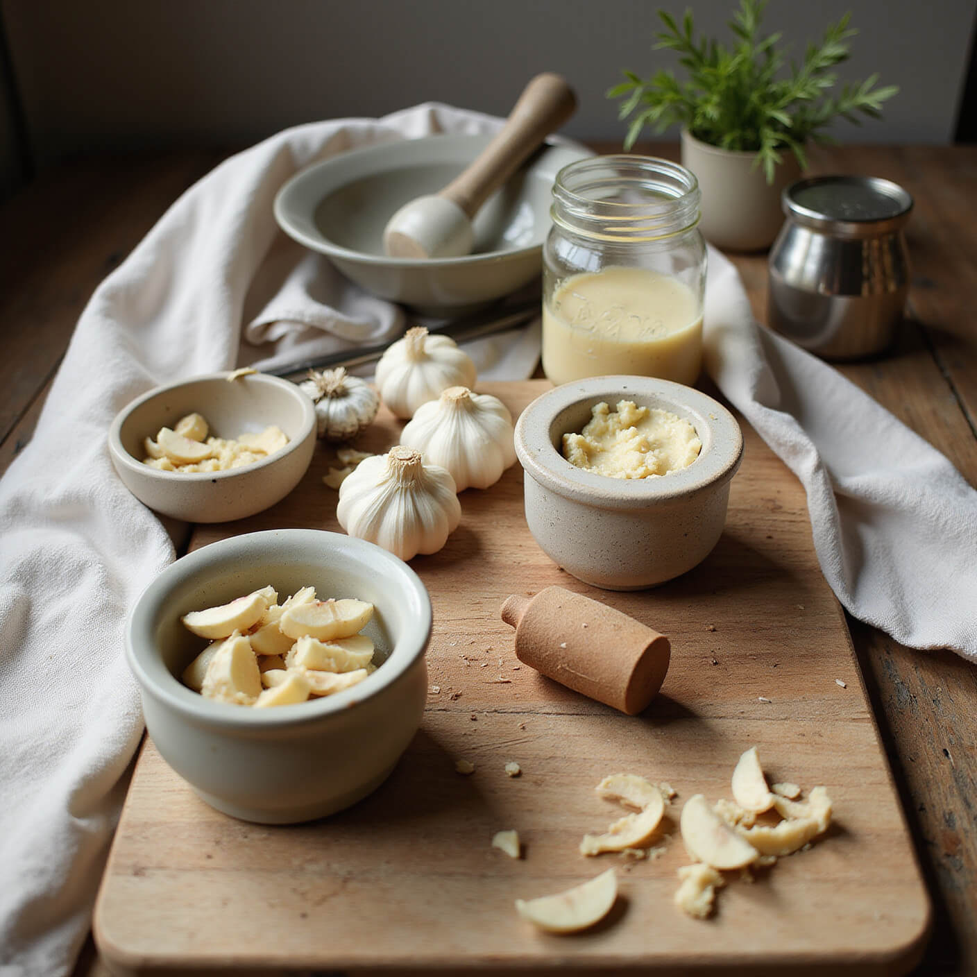 Overhead close-up of a rustic kitchen counter with a weathered wooden cutting board, crushed garlic cloves, ceramic mortar and pestle with garlic paste, mason jar of homemade garlic remedy, stainless steel tools, white cotton cloths, and herb sprigs in warm, creamy tones.