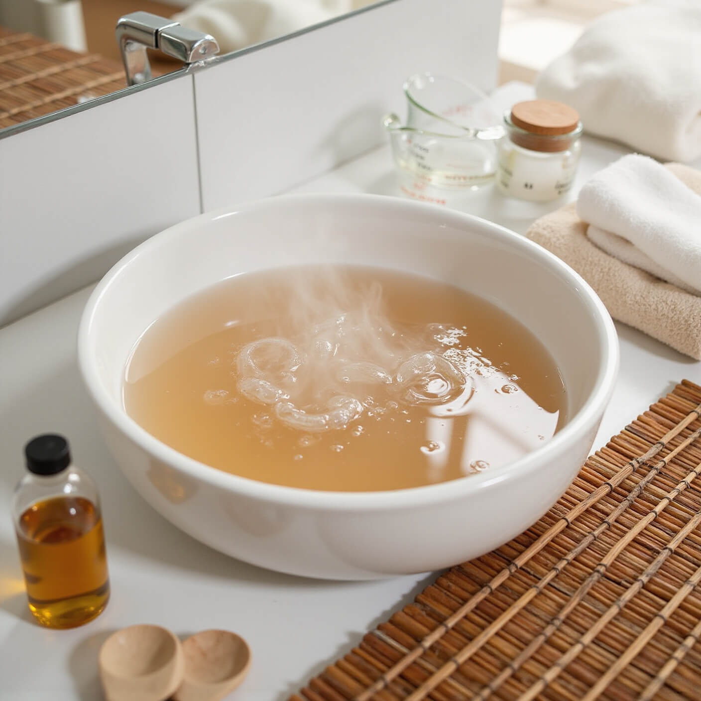 Ceramic basin with steaming apple cider vinegar foot soak on bamboo mat, surrounded by timer, glass cups, and cotton towels in a spa-like bathroom during blue hour, with white porcelain and warm wood accents.
