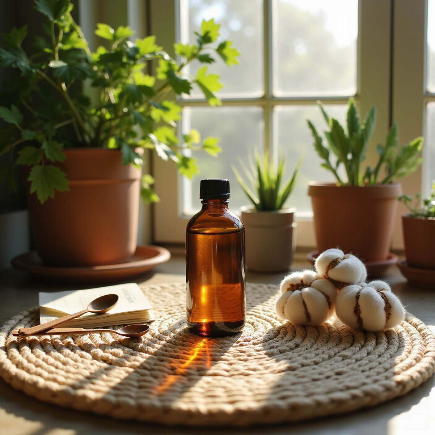 Amber bottle of neem oil on a handwoven mat with cotton rounds, measuring spoons, and a reference guide, framed by potted medicinal plants in warm afternoon light.
