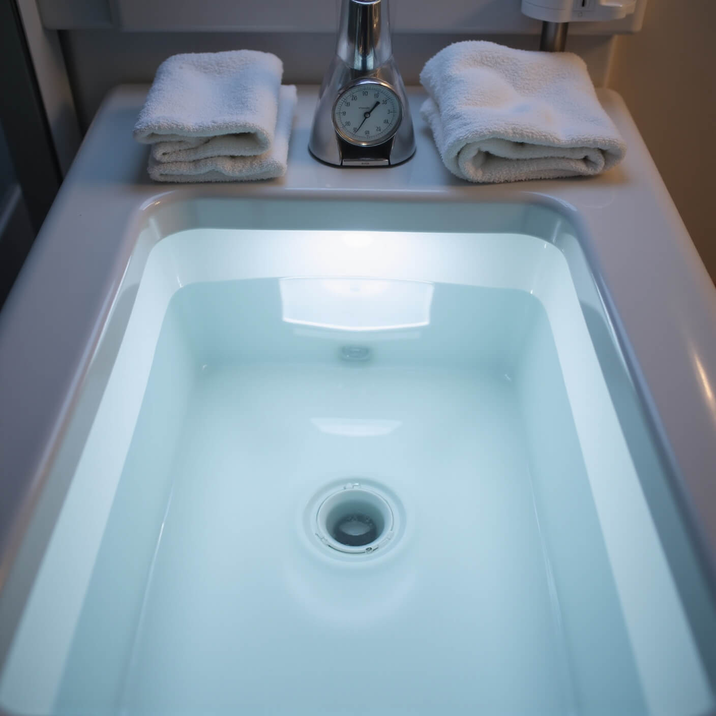 Straight-on view of a clean, modern bathroom at dusk featuring a glass foot bath filled with clear liquid, timer, temperature gauge, neatly folded medical-grade towels, and bright LED task lighting highlighting pure whites, steel gray tones, and crystal-clear surfaces.