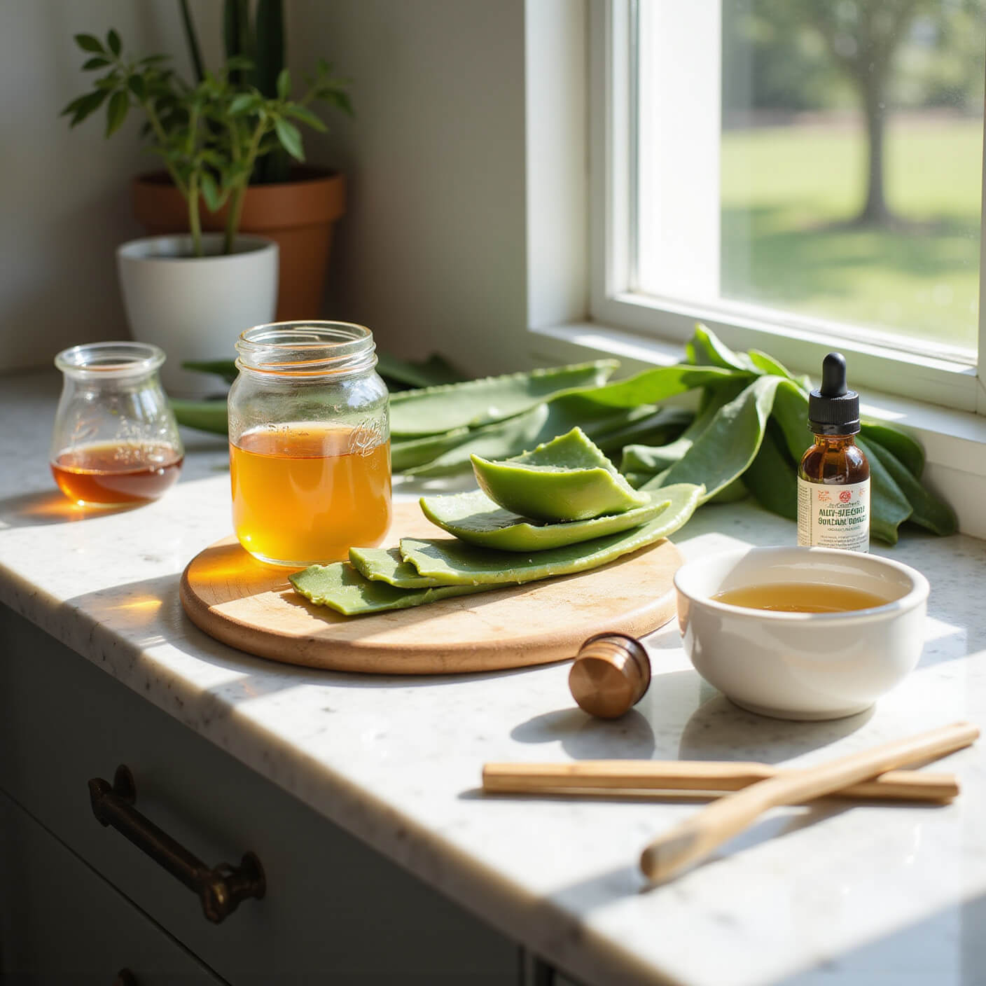 Sunlit modern kitchen counter with marble top displaying raw honey, fresh aloe vera, green tea leaves, apple cider vinegar, and tea tree oil, with bamboo tools and glass containers, in warm, natural tones.